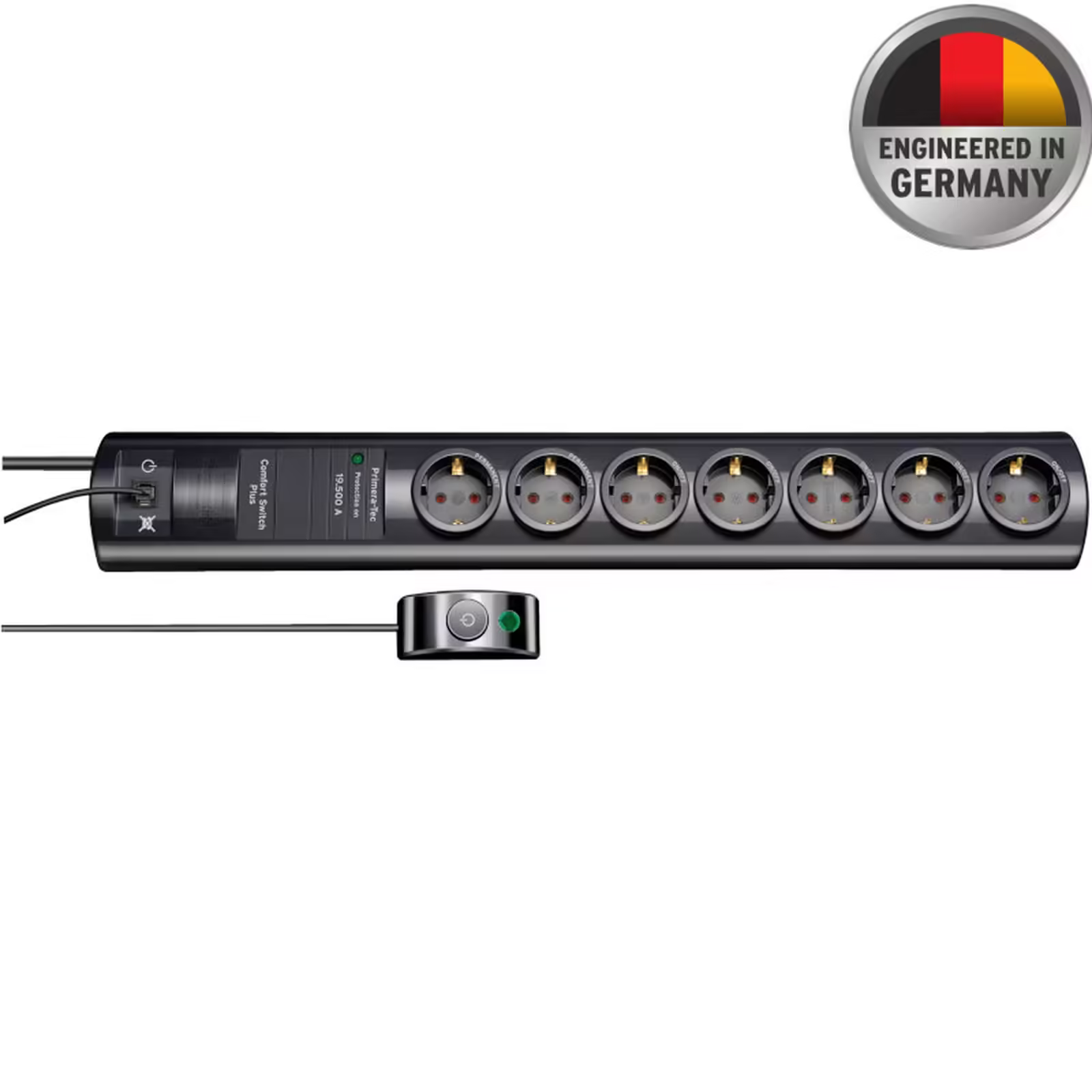 Brennenstuhl Primera Tec Comfort Switch Plus Serisi 7 Soketli RJ-11 Bağlantılı 2 Metre 19.500 Amper Akım Korumalı Uzatma Kablosu Siyah