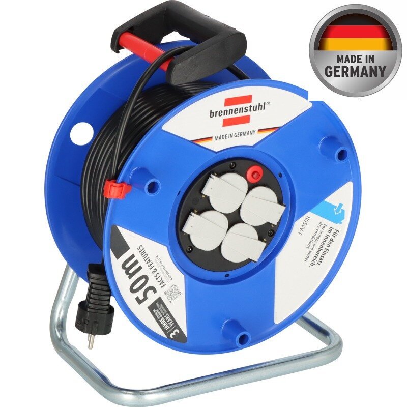 Brennenstuhl Avvolgicavo Garant 50m – Prolunga Industriale Con 3 Prese E Protezione Termica, Cavo H05VV-F 3G1,5 Per Uso Interno