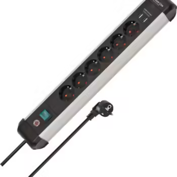 Brennenstuhl Premium Alu Line Serisi 6 Soketli 2 X USB 3100mAh Hızlı Şarj Özellikli Uzatma Kablosu Priz Siyah Gümüş